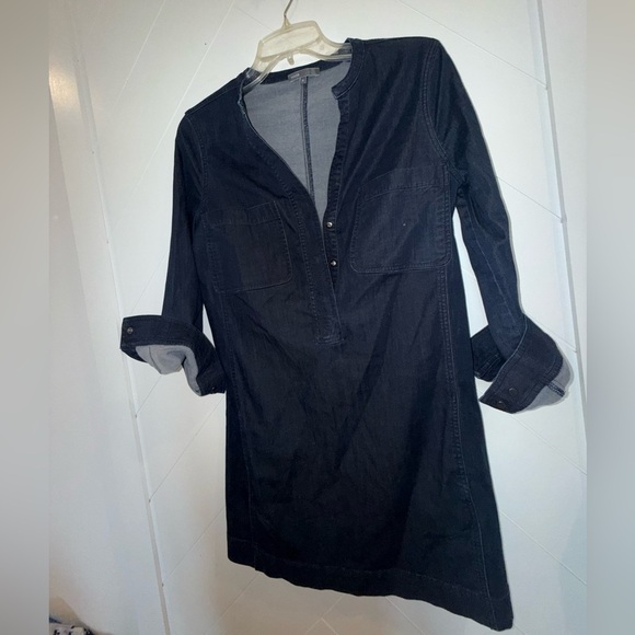 VINCE $320 Cupro Denim Indigo L/S Snap Henley Stretchy Dress split hems 2  XS/S - Picture 11 of 16